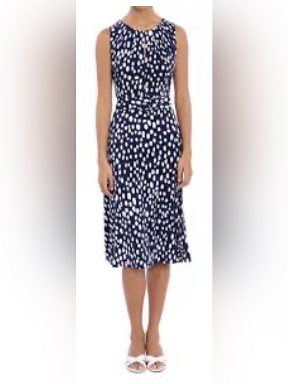 London Times Sleeveless Jersey Navy and White Polka Dot Midi Dress EUC Size 4
